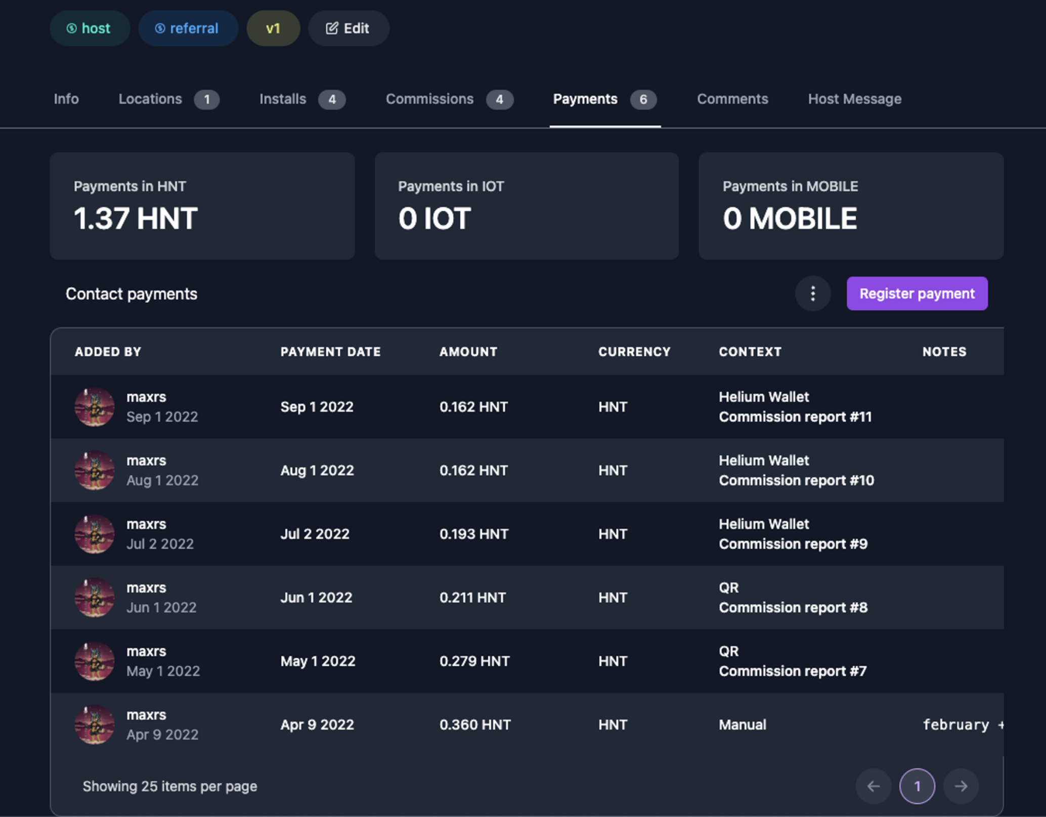 Manually track contact payments